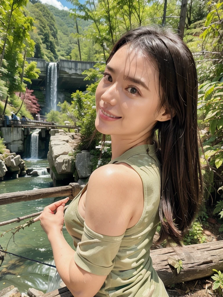 rie,One Woman,(best quality), (ultra detailed), (absolutely resolution), (the body is moist:1.2),Face is front,Highly revealing, 32 years old, Brush your hair up, (Salonpas), The color of the swimsuit is khaki, The swimsuit pattern is camouflage, Brown Hair, smile, Earrings, Kegon Falls in Nikko、With the dynamic waterfall of Mother Nature as your backdrop