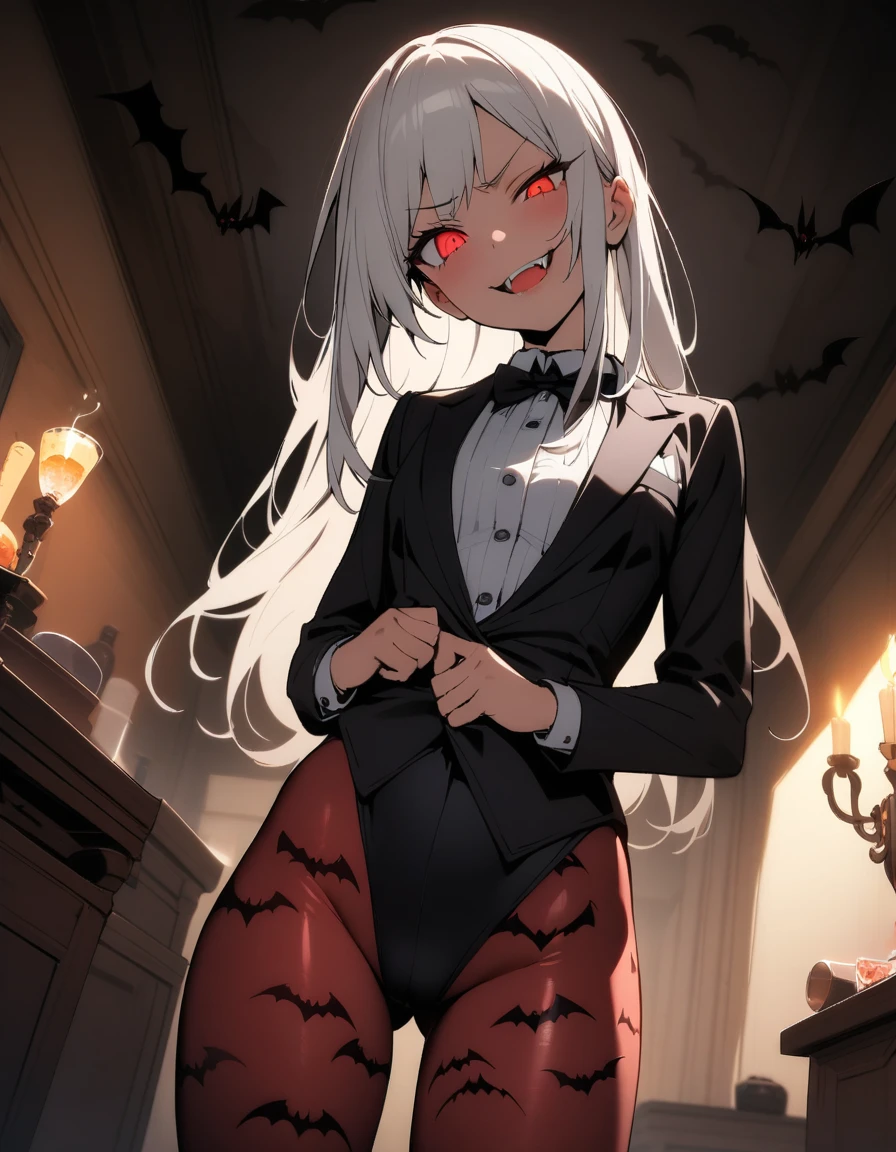 (masterpiece),(best quality),very aesthetic,(ultra-detailed),(illustration),(degenerate),nsfw,1girl,,slender,long hair,white hair,straight hair,disheveled hair,red alluring eyes,one eye glaring,condescending look,open mouth,smirk,fangs,An elegant tuxedo,long sleeves,bloody tie, featuring a highleg leotard,Bat-patterned tights,ecstasy,happy,inroom,standing,standing on one leg,bent over,head tilt,hands on hip,daytime,Lascivious atmosphere,fantastic atmosphere,Dimly lit room like a dungeon,Old furnishings,dusty room,cowboy shot,looking at viewer, vampire, strawberry juice glass, dark fantasy, bat,bat's wings,from below,POV,face close up