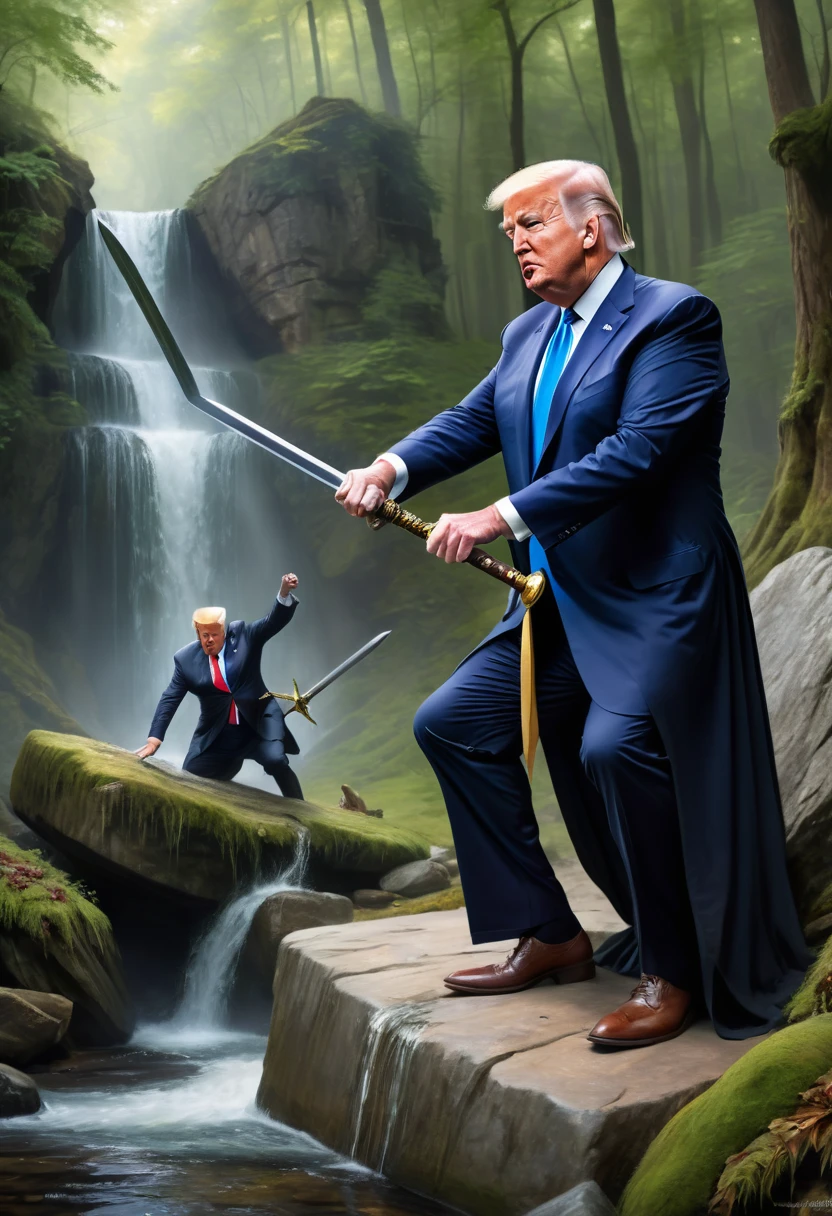 A photo realistic painting inspired by arthurian legend of Donald Trump pulling the mythic sword from the stone. as Joe Biden falls to his knees in fear, his devilish plans thwarted.