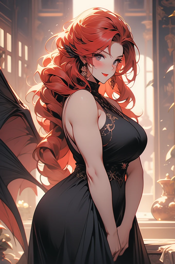 shy demon, plump curves, voluptous, red hair, braids, tall, looking down at us, big breasts, gentle smile, black dress, colossal, muscular