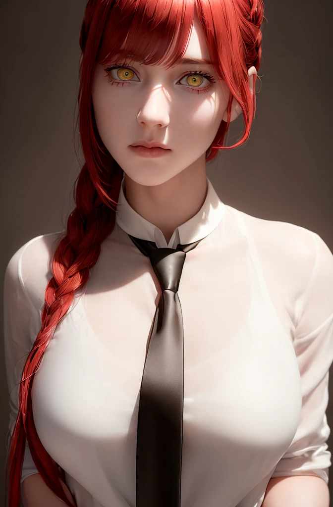 a beautiful detailed girl with long braided red hair and bangs, piercing yellow eyes and ringed eyes, wearing a white shirt and necktie, (photorealistic:1.4), (best quality,8k,uhd,masterpiece:1.2),beautiful lighting, RAW photo, film grain,