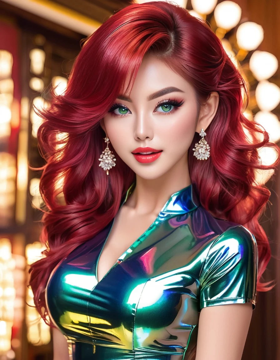 (masterpiece:1.3), (extremely intricate:1.2), (extremely delicate), (Hyper realistic photo:1.3), (modelshoot style), extremely detailed, 16k wallpaper, UHD, HDR, RAW photo, dslr, puffy lips, long diamond earrings, (Japanese beauty Japanese mixed:1.2), (realistic skin:1.4), (sweaty:1.1), thick thighs:1.1, narrow :1.1), (Crimson Red hair, voluminous 80 big hair:1.3), emerald green eyes, red eyeshadow, red lips, large breast, mouth open, eyes_smile, (holographic iridescent metallic short blue latex dress:1.6), (sunlight_on_front_face:1.3), makeup, ultra detailed irises, perfect eyes, perfect face, detailed face, (A picture of a woman and hotel:1.5), (distant full body:1.5)