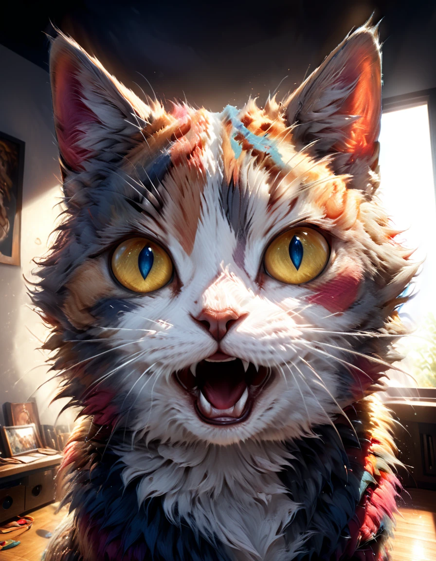 a shocked cat, realistic, highly detailed, 4k, 8k, hyperrealistic, extremely detailed fur, expressive eyes, detailed facial features, striking expression, intense gaze, realistic lighting, dramatic shadows, photorealistic, cinematic composition, vibrant colors, studio lighting