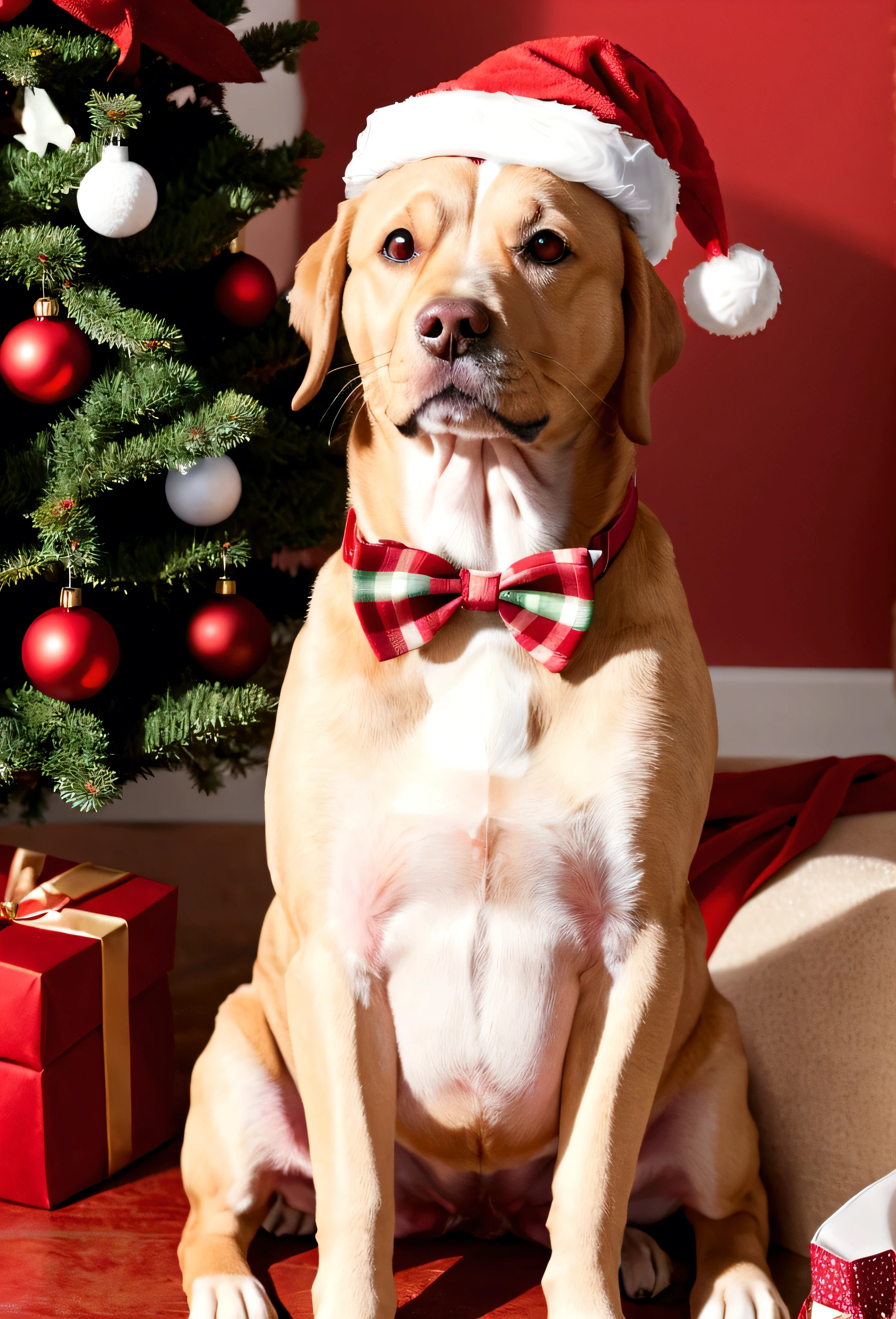 Dog wearing Santa hat and red bow tie，Lighted Christmas tree in the background, Fresh and lovely，warm color palette，Warm scene，Natural light，Pastel tones