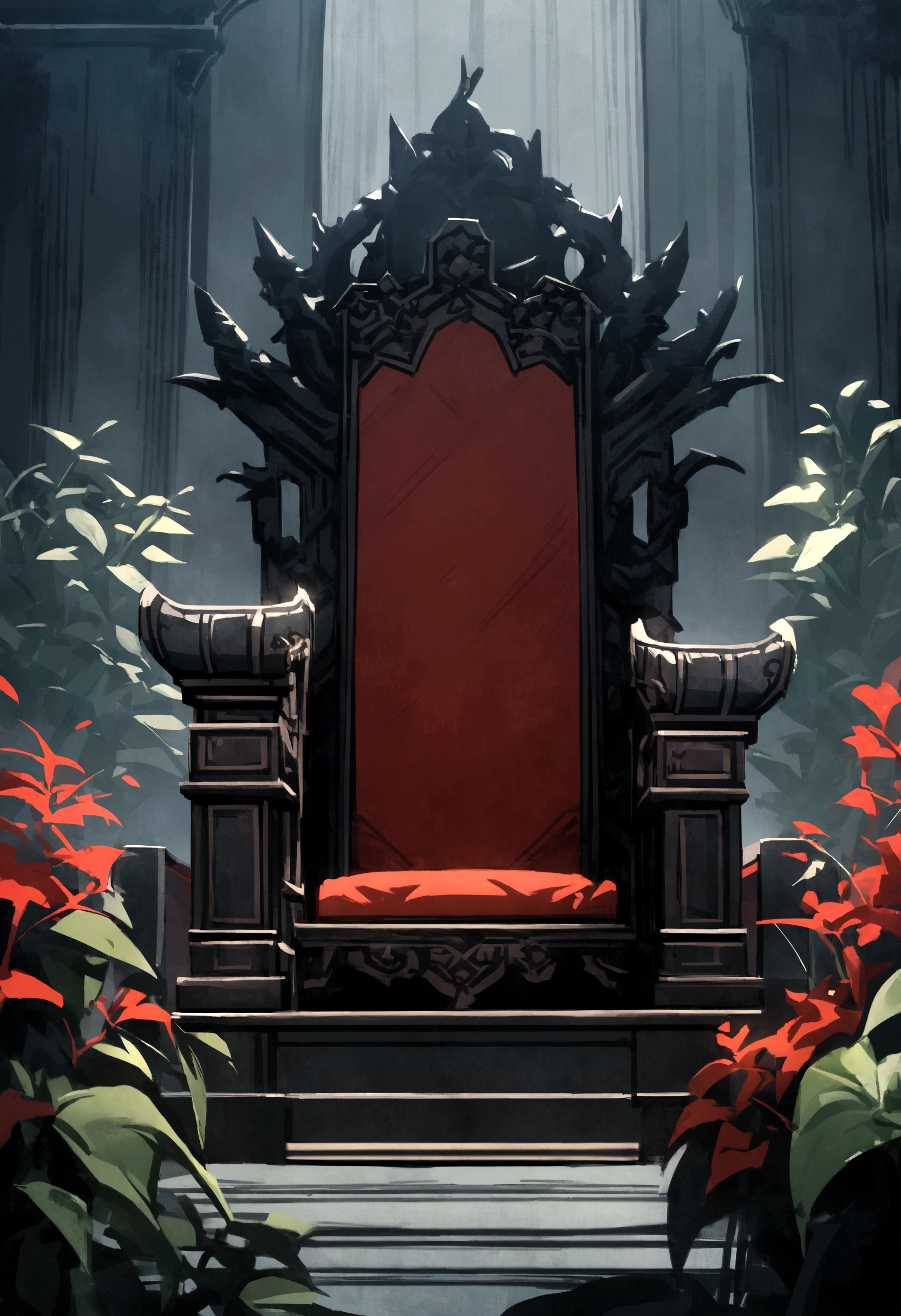 Chinese royal hall, one throne, thorn plants, dark light, empty room, gloomy composition, black and red throne, thorn plants around the throne, close up throne