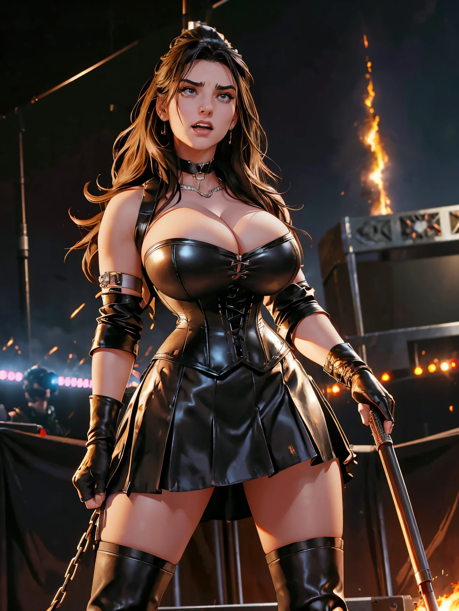 Extremely busty thin and toned brunette death metal singer, college girl, fair skin, big hair, hair pulled back, soft face, athletic, heavy makeup, piercings, black leather, studs, corset, boots, fingerless gloves, tight skirt, chains. standing on a stage, pyrotechnics, holding a microphone, metal concert. (microphone, fist in the sky), angry, rage, screaming. Heavy metal. Death metal. Explosions, fire.