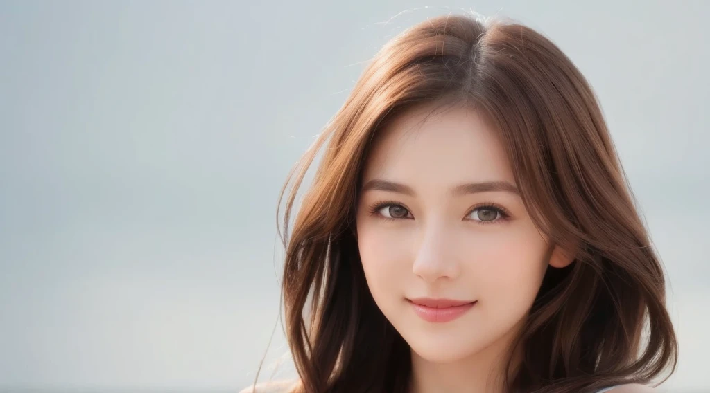 Create an image of a beautiful woman with chestnut brown hair. The background is clean white. She is making direct eye contact with the camera, and the focus is on her upper body. She is smiling gently, radiating a sense of beauty and confidence. Design the image with the intention of using it for beauty-related promotions, capturing the essence of a confident and approachable beauty. Pay attention to details such as her hair, facial expression, and the overall composition against the clean white background
