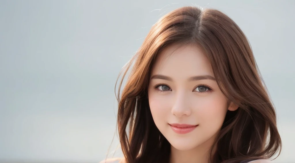 Create an image of a beautiful woman with chestnut brown hair. The background is clean white. She is making direct eye contact with the camera, and the focus is on her upper body. She is smiling gently, radiating a sense of beauty and confidence. Design the image with the intention of using it for beauty-related promotions, capturing the essence of a confident and approachable beauty. Pay attention to details such as her hair, facial expression, and the overall composition against the clean white background