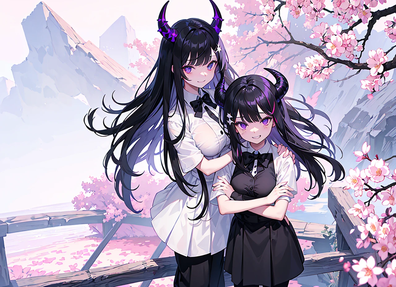 A girl with long black hair with straight bangs, with hair cut at the ends. Two large strands in the front, one bigger than the other. A rebel thread. A small white streak in your bangs. Two demon horns, one purple and one black, both with a dark purple star. one black eye and one purple eye. A purple star on your right cheek. black wide pants. All star shoe. Full white shirt with a bow tie with a star in the middle, with short sleeves. big boobies. Grinning. She is a star demon. She is standing looking at the camera. She is on earth in a place that has a lot of nature and flowers and has a small bridge, she is leaning against the bridge