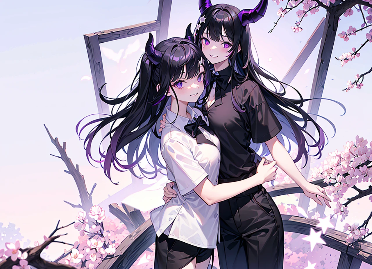 A girl with long black hair with straight bangs, with hair cut at the ends. Two large strands in the front, one bigger than the other. A rebel thread. A small white streak in your bangs. Two demon horns, one purple and one black, both with a dark purple star. one black eye and one purple eye. A purple star on your right cheek. black wide pants. All star shoe. Full white shirt with a bow tie with a star in the middle, with short sleeves. big boobies. Grinning. She is a star demon. She is standing looking at the camera. She is on earth in a place that has a lot of nature and flowers and has a small bridge, she is leaning against the bridge