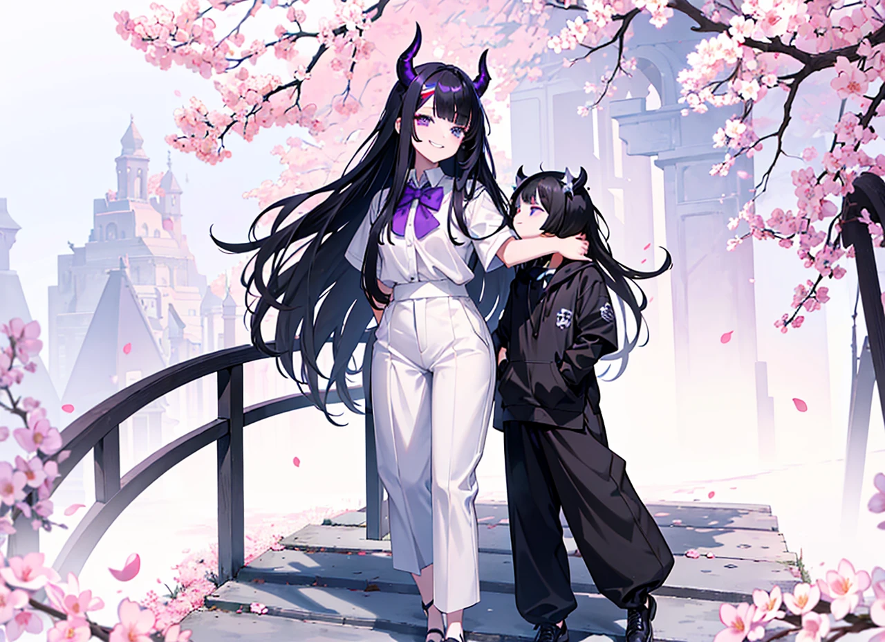 A girl with long black hair with straight bangs, with hair cut at the ends. Two large strands in the front, one bigger than the other. A rebel thread. A small white streak in your bangs. Two demon horns, one purple and one black, both with a dark purple star. one black eye and one purple eye. A purple star on your right cheek. black wide pants. All star shoe. Full white shirt with a bow tie with a star in the middle, with short sleeves. big boobies. Grinning. She is a star demon. She is standing looking at the camera. She is on earth in a place that has a lot of nature and flowers and has a small bridge, she is leaning against the bridge
