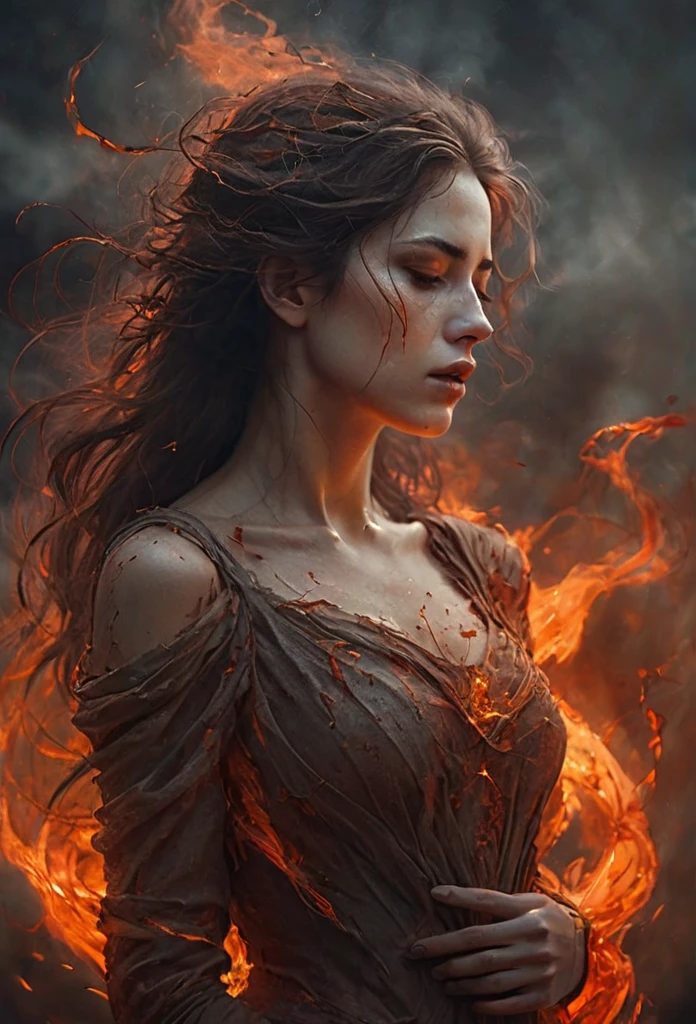 Derecha, rosas rojas, fuego, beautiful woman, sorrowful expression, faded elegance, poignant atmosphere, lost beauty, melancholic aura, hauntingly captivating, timeless grief, stark contrast, delicate decay,line art,backlighting,wind,backlighting,stardust,(wind:1.2),knight,orange blood, vendavales