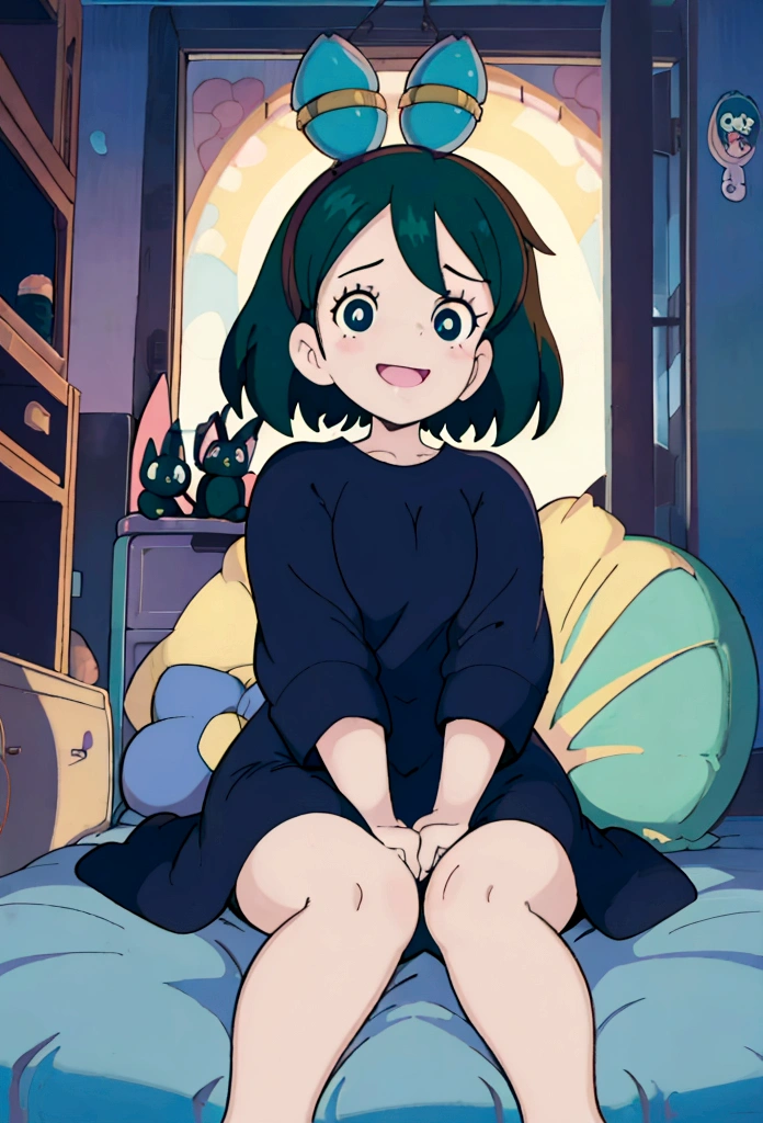 score_9, score_8_up, score_7_up, lum, retro artstyle, 1980s style, blue eyes, eyeshadow, green hair, long hair, horns, bangs, aqua hair, dynamic angle, big breasts, big ass, (little, small tiny body, chibi, small), (8 years old), (1 toddler:1.4), (baby face), (round face), (big forhead:1.2), (beautiful big eyes:1.3), extremely detailed cute anime face, (best quality, masterpiece, absurbres, super-resolution), soft pastel aesthetic, gaming console, chilling at home, playing video game, LCD screen, fun, laugh, smile, (eyelid pull), showing tongue, detailed faces, warm lighting, cozy interior, dynamic composition, vibrant colors, cinematic, depth of field, black cat sitting on her knees,