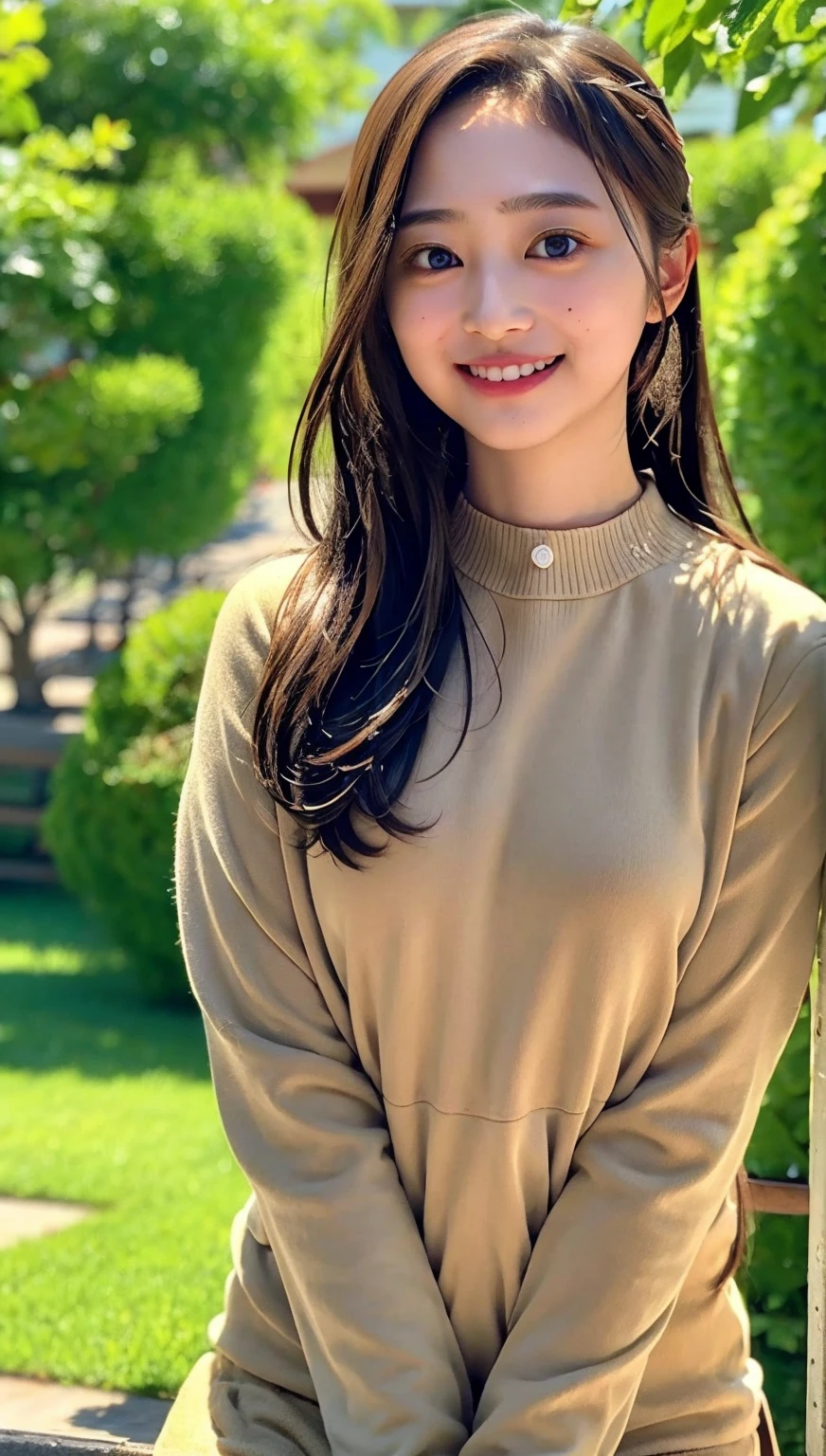 (cowboy shot),Ultra-high resolution,big eyes,(brown eyes),Japanese,(forehead),(a girl),(1 girl),(()),((cute)),pretty,((facing at viewer)),arms behind back,grin,outdoor
