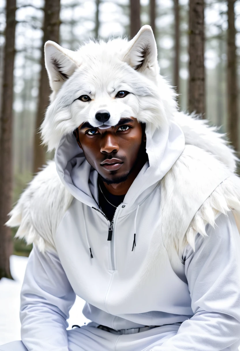 black man in a white wolf outfit