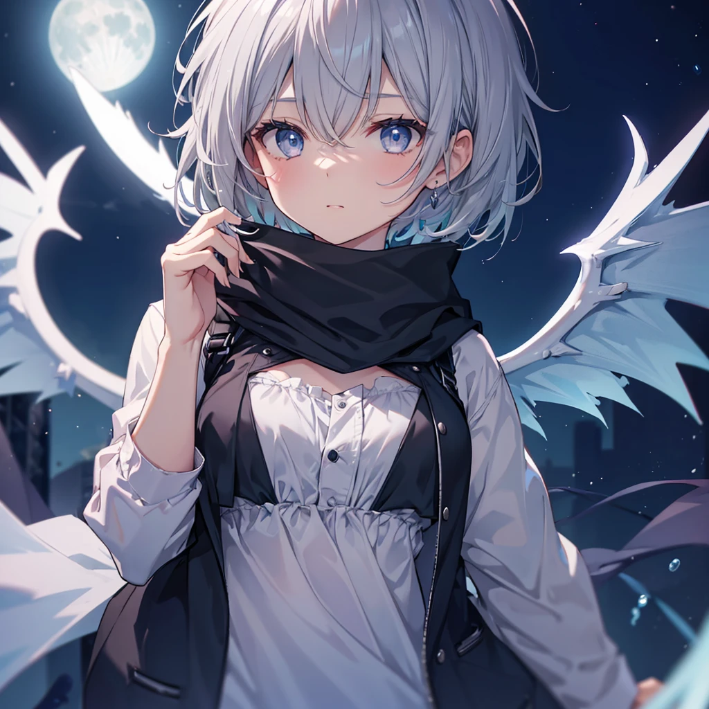 (((Gray Hair　Short Hair　blue eyes　girl　Close-up)))，((night　full moon　My own big wings))，(Wearing a hood　Black camisole　Purple light)，　A tense look　Shining Background　Shining Edge