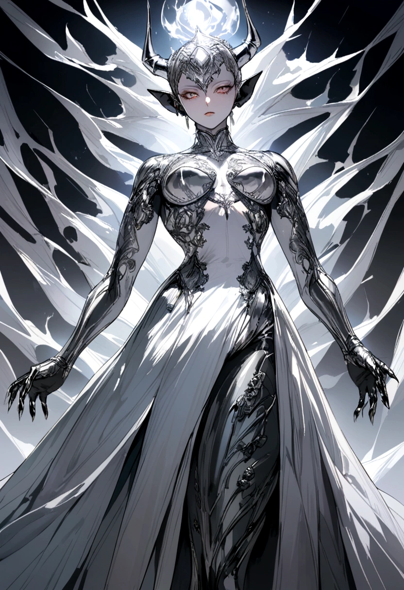 A bright silver demon with its entire body visible