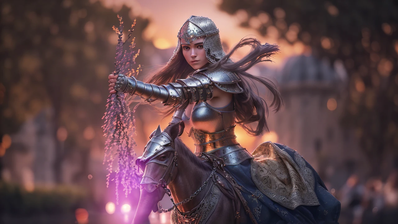 (masterpiece), (extremely intricate:1.3), (realistic), portrait of a girl, the most beautiful in the world, (medieval armor), metal reflections, upper body, outdoors, intense sunlight, far away castle, professional photograph of a stunning woman detailed, sharp focus, dramatic, award winning, cinematic lighting, octane render unreal engine, volumetrics dtx, (film grain, blurry background, blurry foreground, bokeh, depth of field, sunset, motion blur:1.3), chainmail