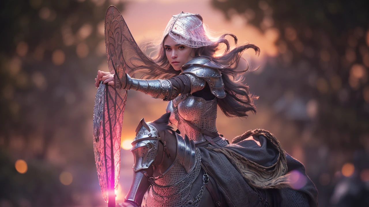 (masterpiece), (extremely intricate:1.3), (realistic), portrait of a girl, the most beautiful in the world, (medieval armor), metal reflections, upper body, outdoors, intense sunlight, far away castle, professional photograph of a stunning woman detailed, sharp focus, dramatic, award winning, cinematic lighting, octane render unreal engine, volumetrics dtx, (film grain, blurry background, blurry foreground, bokeh, depth of field, sunset, motion blur:1.3), chainmail