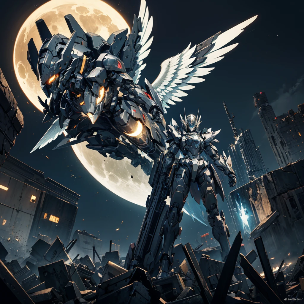 female mecha wings of angel, in black armor and helmet, in a destroyed city, the night, with an eclipse in the background