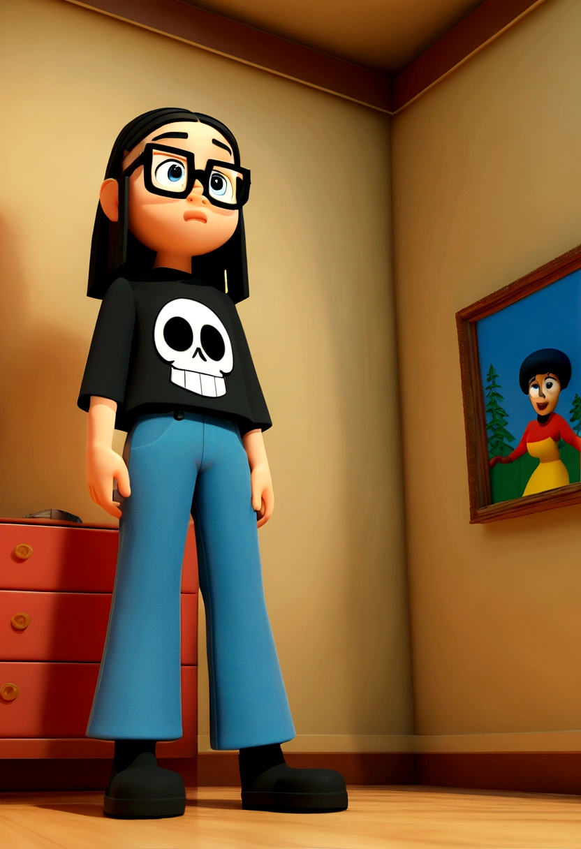 disney pixar style cartoon character, White girl, slim, with a serious and fixed look, long straight black hair, eyes black, retracted lips, big square glasses, black t-shirt with a skull design and ripped blue jeans, black boot. in a ager's room , with a guitar hanging on the bedroom wall, painting of a dark forest. Serious woman, photo by full body, drawing in 3D Art style, C4D, Disney style, pixar style render illustration Super Detail