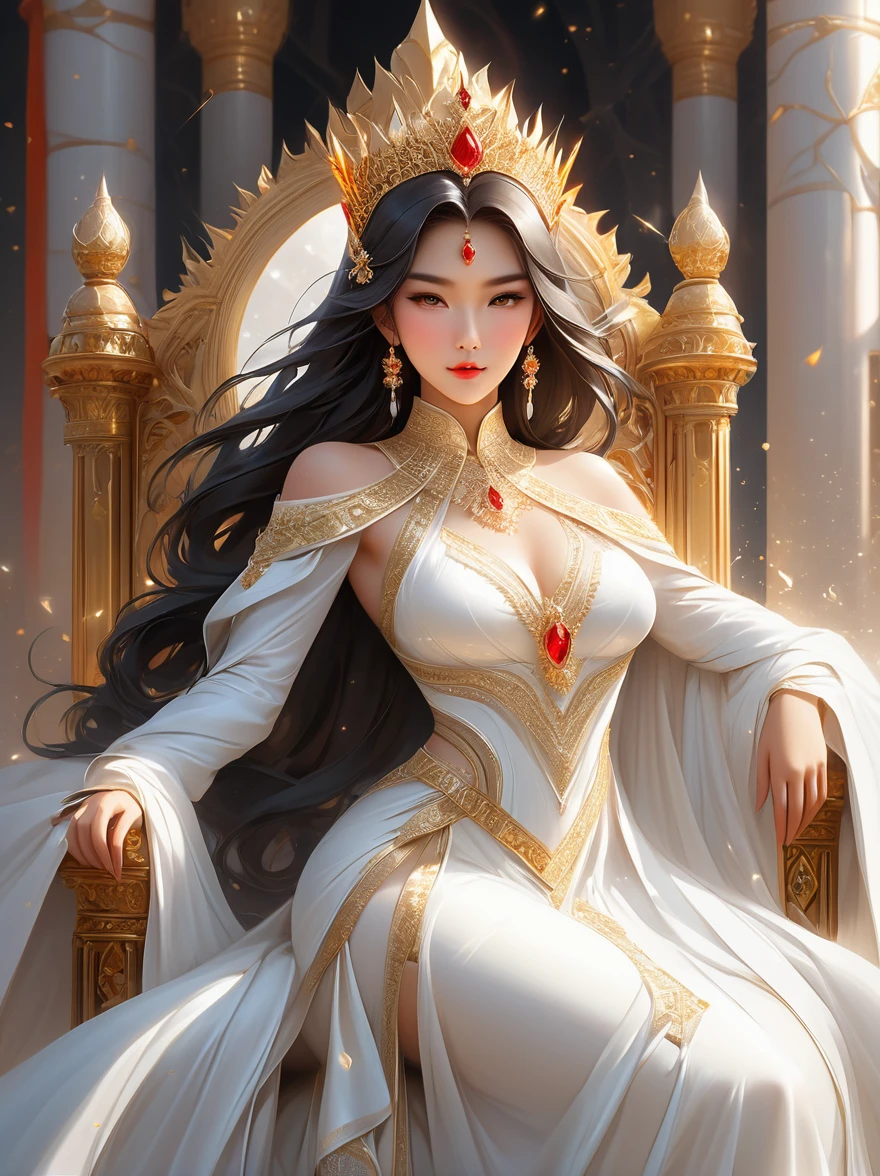 A breathtaking Asian woman adorns a white flowing dress that glows with an aura similar to fire and lightning. Seated confidently on a throne in a city akin to a divine kingdom, her outfit exudes an elegant sophistication inspired by high fashion. Her effulgent crown mirrors her fiery grandeur. An Arabic man, symbolic of a celestial figure, is dressed in immaculate white attire and sits adjacent to her. The throne room is decorated with a grand well constructed from immaculate white marble and precious gems. Within this well is the miniature spectacle of the Earth, basking in her radiant aura.
