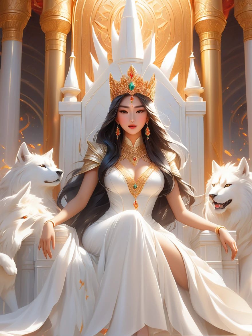 A breathtaking Asian woman adorns a white flowing dress that glows with an aura similar to fire and lightning. Seated confidently on a throne in a city akin to a divine kingdom, her outfit exudes an elegant sophistication inspired by high fashion. Her effulgent crown mirrors her fiery grandeur. An Arabic man, symbolic of a celestial figure, is dressed in immaculate white attire and sits adjacent to her. The throne room is decorated with a grand well constructed from immaculate white marble and precious gems. Within this well is the miniature spectacle of the Earth, basking in her radiant aura.