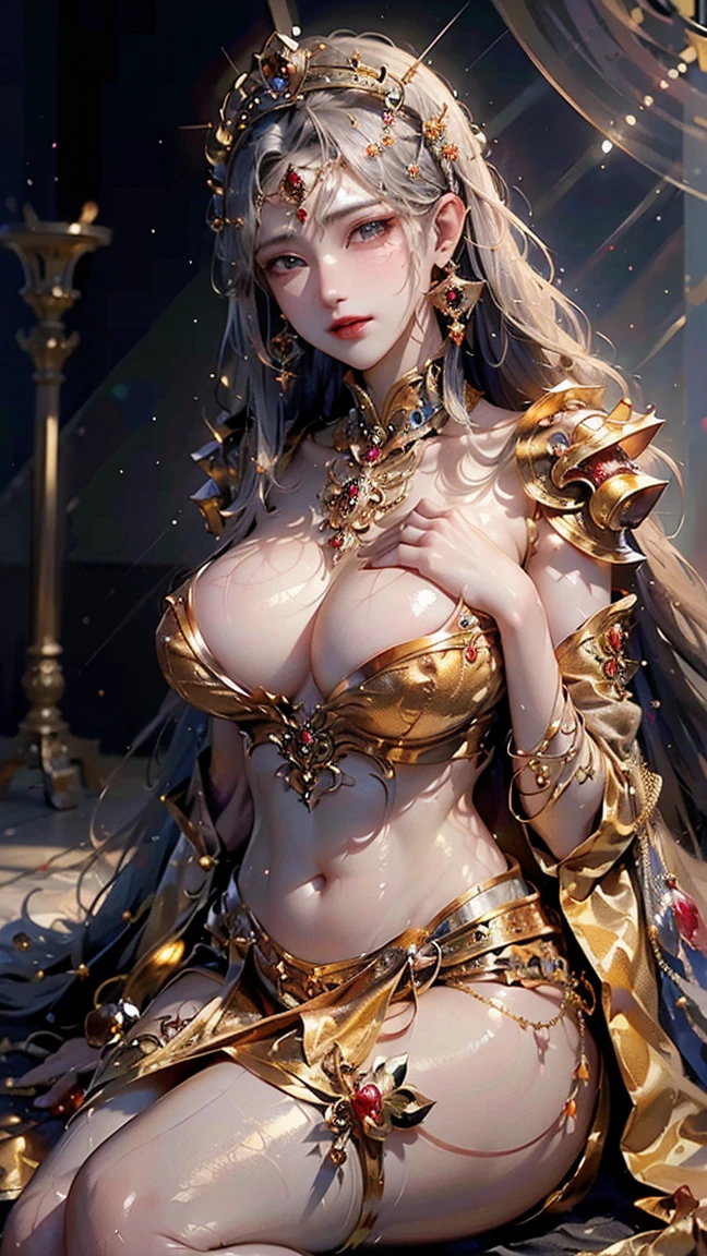 (A beautiful queen Goddesses, plain background, photoshoot, detailed face, athletic , navel,cute dress), (Photorealsitic:1.4), Raw , Sharp Re, Nikon D850 Film, Stock Photo , F1.6 Lenses Rich Colors ,Hyper Realistic, Life Like Textures, Dramatic Lighting ,Unreal Engine , ((Super Realistic Details))、Global Illumination, Shadows, Octane Rendering, 8K, Ultrasharp, Highly Detailed, Realistic Light, Ink Color Art, Ink Sketch Art, thong strings ((huge perky breasts, deep cleavage 1.8, thick thighs)) smiling , ((red colour diamond studded magnificent embroidered dress, armored plates, ))((lots of jewelleries, 3 long necklace, earrings, waist chain, pearl chains)) ((oily skin, oily body, shiny skin))woman, , , , ((hands on waist)) ( , huge magnificent throne, palace background))((netted queen deess)((sitting, )) seductive smile, red lips, huge decorative palace hall, standing, looking back, backside, POV from back,