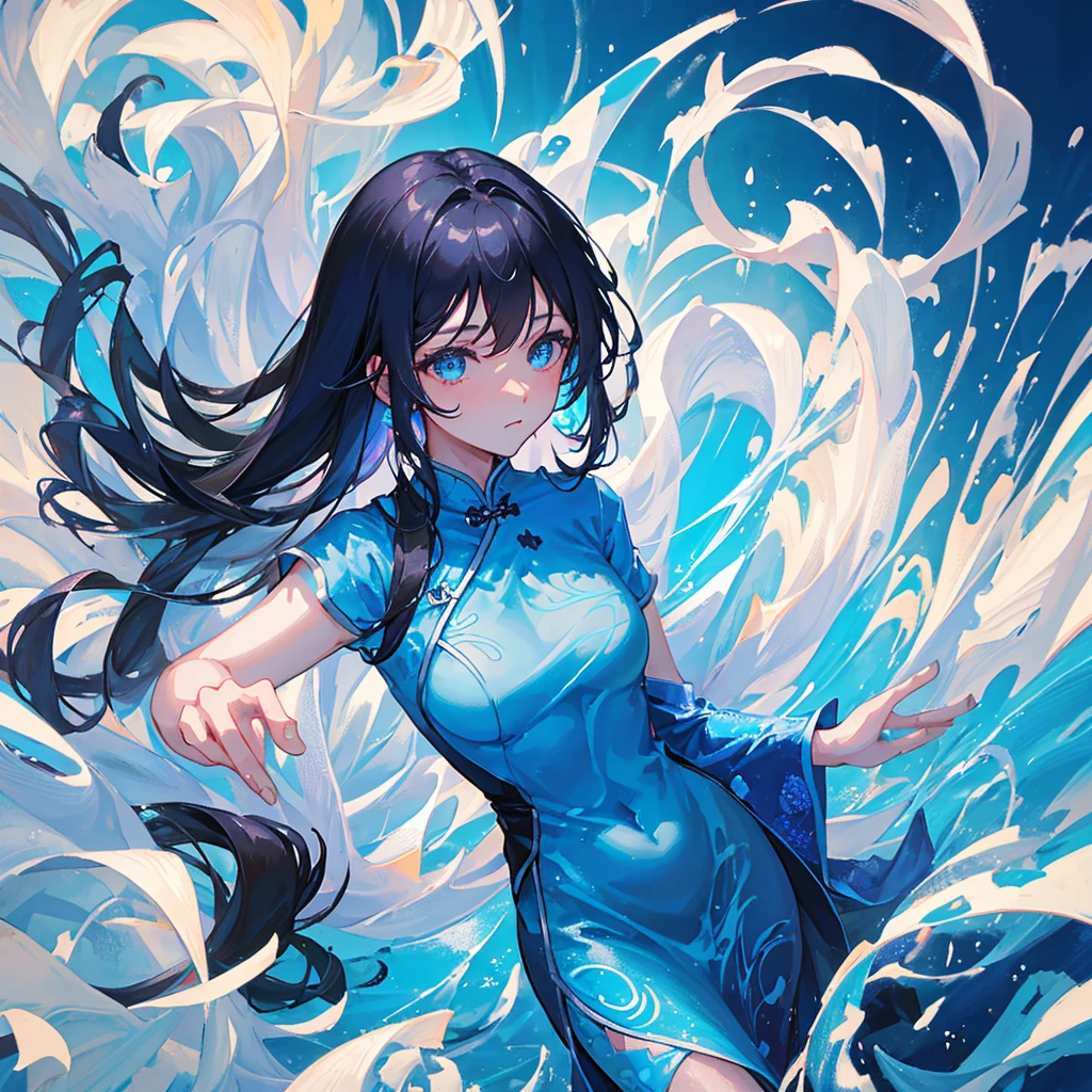 A woman wearing a blue cheongsam,Beautiful figure,Water Element,Black hair,((Pure blue background))
