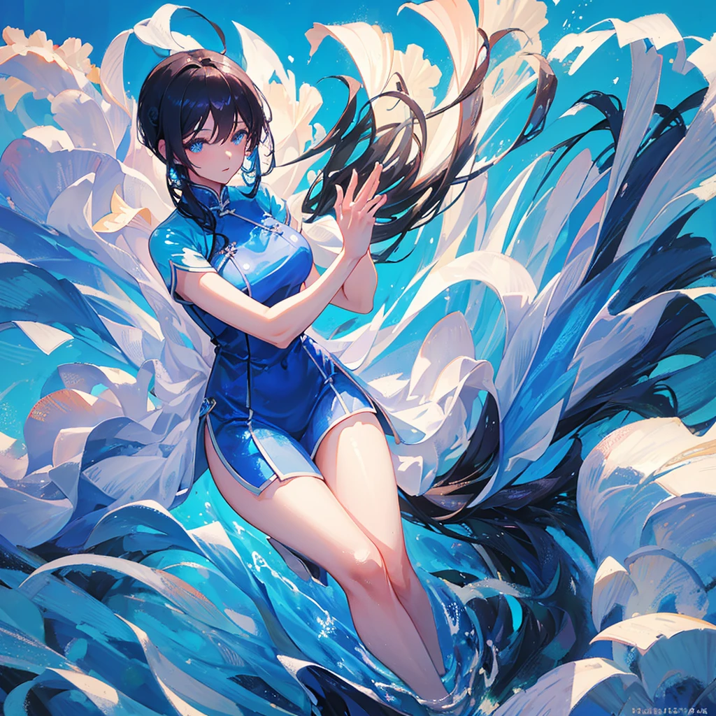 A woman wearing a blue cheongsam,Beautiful figure,Water Element,Black hair,((Pure blue background))