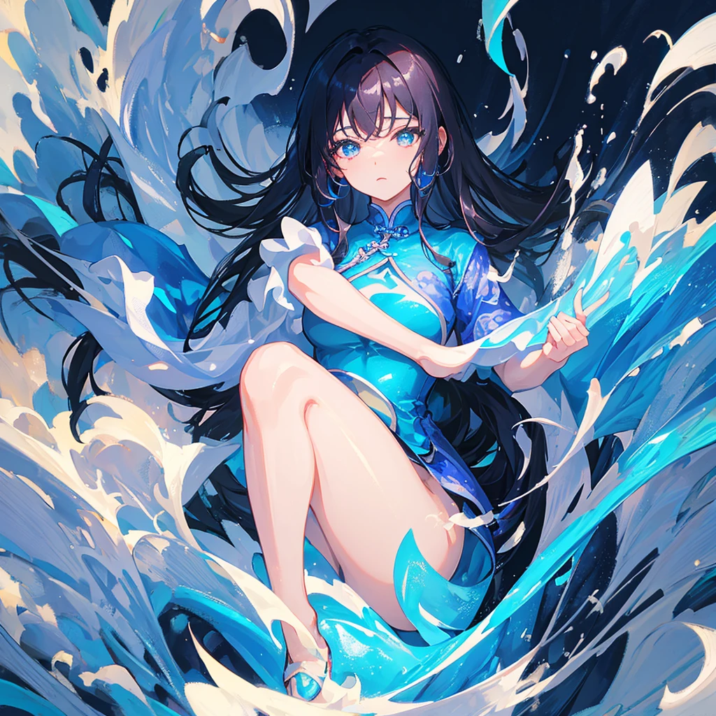 A woman wearing a blue cheongsam，Beautiful figure，Water Element，Black hair，((Pure blue background))
