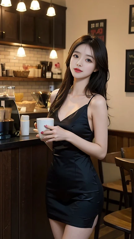 1 Girl,Coffee Shop,Soft Light,Chinese Beauty,Tight Fit,Dress,Dark-haired,Length of hair