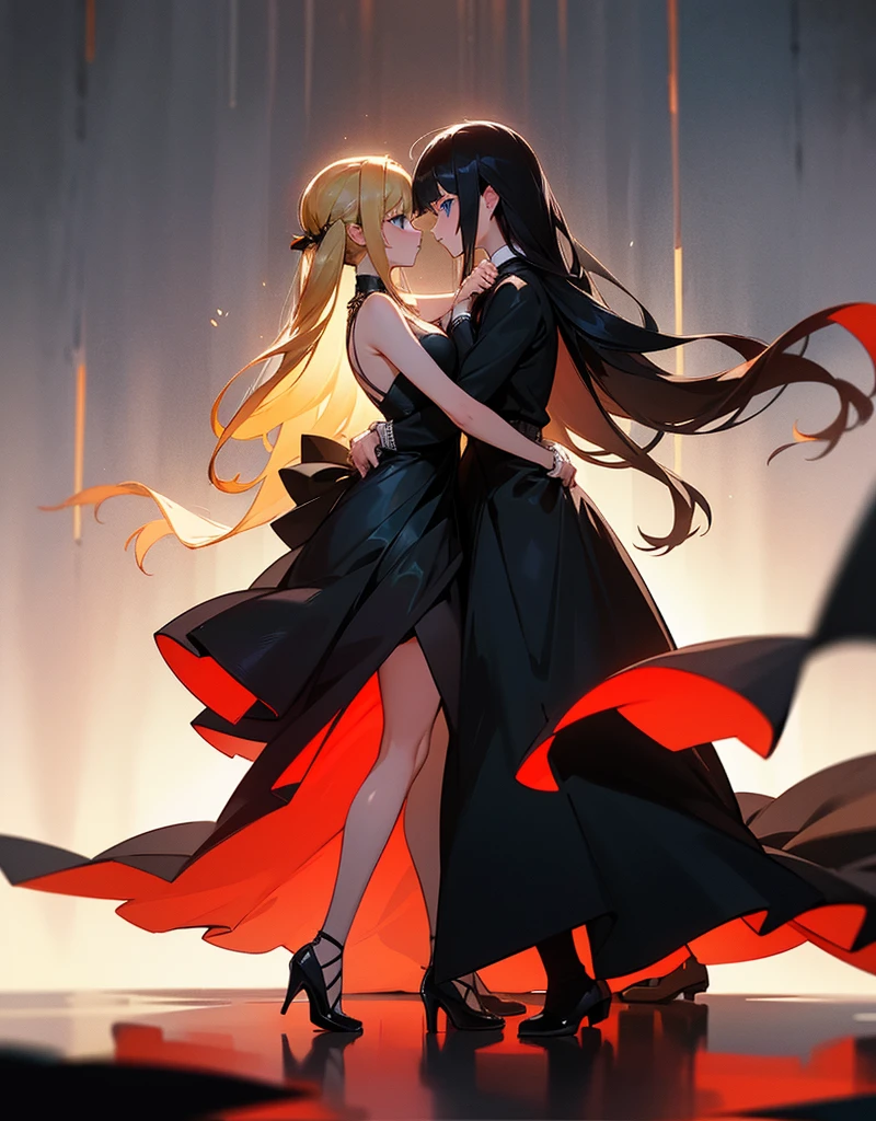 Two adult girls, a woman has two pigtails falling over her shoulders, decorated with black ribbons, SHE HAS BLONDE HAIR, blue eyes and a very elegant and very long black dress for a gala dinner with a cut that allows her to show her leg, wears beautiful evening makeup, along with another adult and taller girl, Has loose black hair with straight bangs, black eyes and dressed in a stunning red ball gown, dancing together in the middle of a gala dinner, the intense red of the black-haired girl, stand out from the crowd
