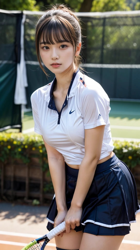 masterpiece, best quality, illustration, Super detailed, fine details, High resolution, 8K,wall paper, perfect dynamic composition, front view, standing, leaning forward, 18 year old girl, tennis player, Gravure Idol, cute type, (Details High quality, realistic depiction of eyes:1.3), (Colossal tits:1.1), expresses the roundness and softness of your chest., low ponytail, black hair color, Dark makeup, Big Natural Color Lip, thick thighs, perfect body shape, plump figure, large hips, beautiful clavicle, white tennis uniform, short sleeve, shirt, skirt, socks, tennis shoes, depth of fields, natural lighting