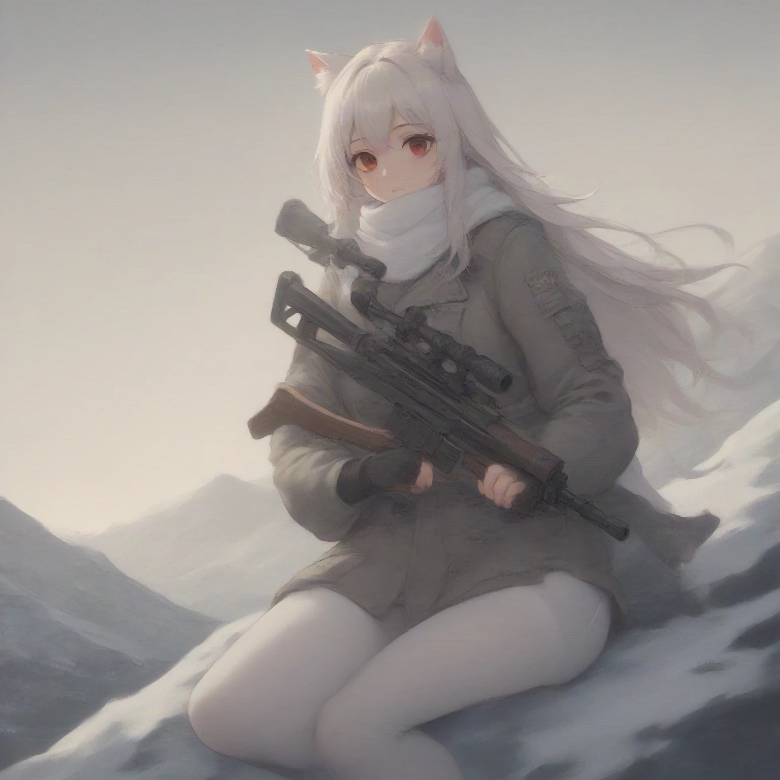 White hair, long hair, cat ears, 1 girl, white pantyhose, red eyes, military, sci-fi drones, white scarf (white scarf covering the neck), gray angelic halo, holding a sci-fi rifle, high quality, cute, no water marks, snow, mountain (snowy mountain)