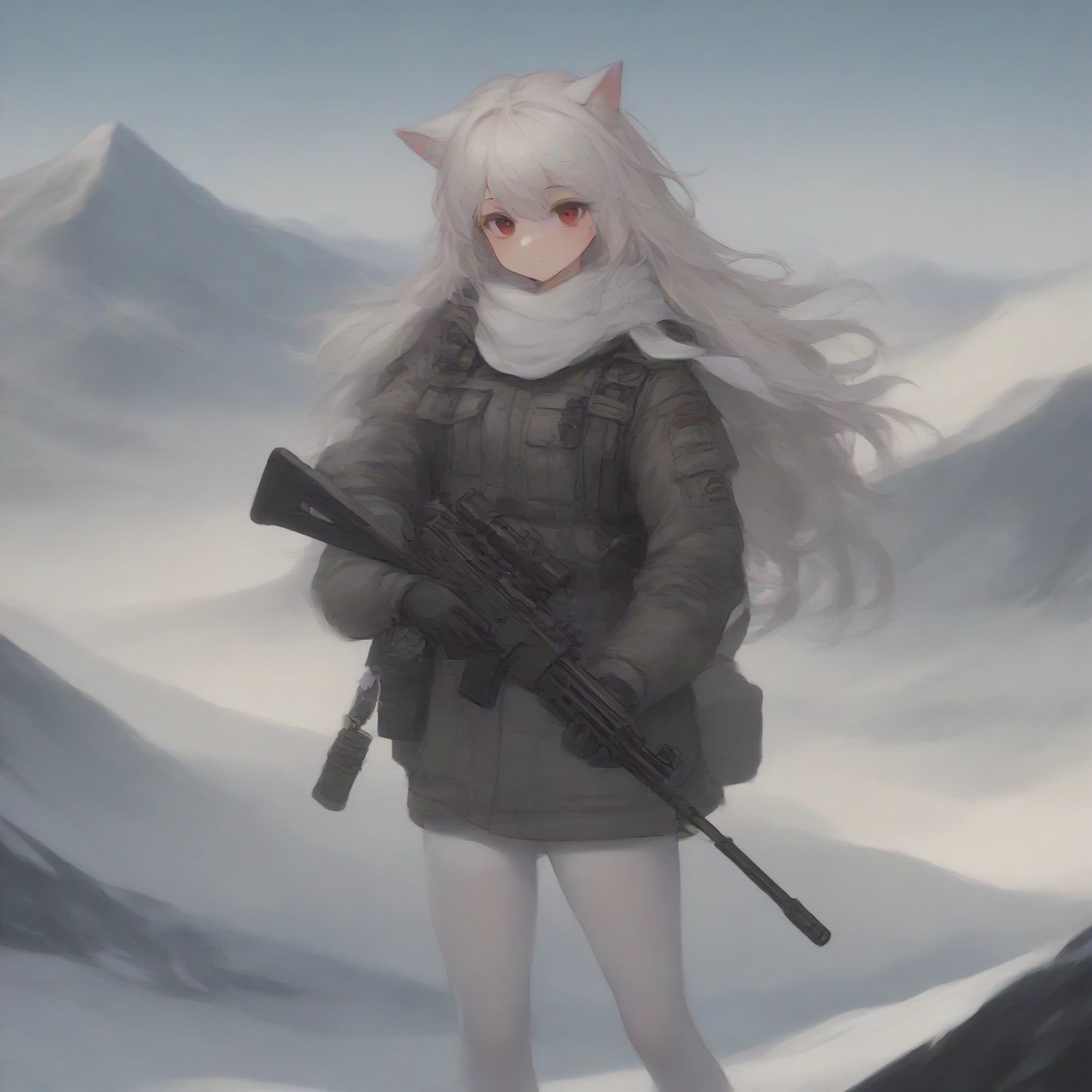 White hair, long hair, cat ears, 1 girl, white pantyhose, red eyes, military, sci-fi drones, white scarf (white scarf covering the neck), gray angelic halo, holding a sci-fi rifle, high quality, cute, no water marks, snow, mountain (snowy mountain)