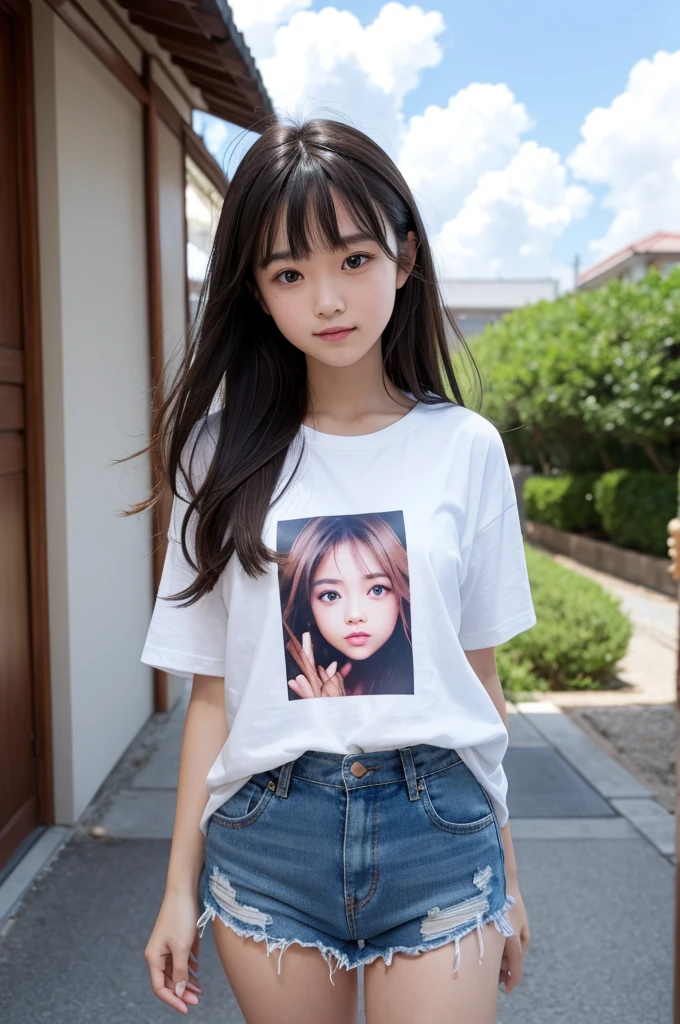 (masterpiece), (Highest quality), (High resolution),Realistic skin texture, Perfect Face, Realistic, Perfect hands, Perfect finger count, Japanese, Girl, (12 years old), Big Eyes, Brown eyes, Brown Hair, bangs, Long Hair, Hair Ribbon, Small face, smile, , ((Small T-shirt, Low-rise shorts)), Cute standing pose, Alley, Blue sky and clouds, Hair blowing in the wind, Fisheye Lens