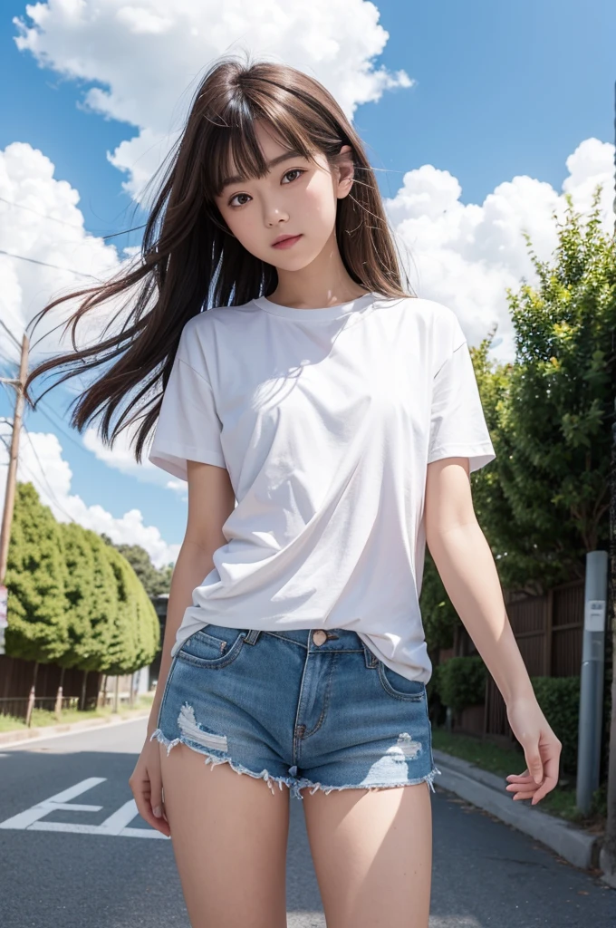 (masterpiece), (Highest quality), (High resolution),Realistic skin texture, Perfect Face, Realistic, Perfect hands, Perfect finger count, Japanese, Girl, (12 years old), Big Eyes, Brown eyes, Brown Hair, bangs, Long Hair, Hair Ribbon, Small face, smile, , ((Small T-shirt, Low-rise shorts)), Cute standing pose, Alley, Blue sky and clouds, Hair blowing in the wind, Fisheye Lens