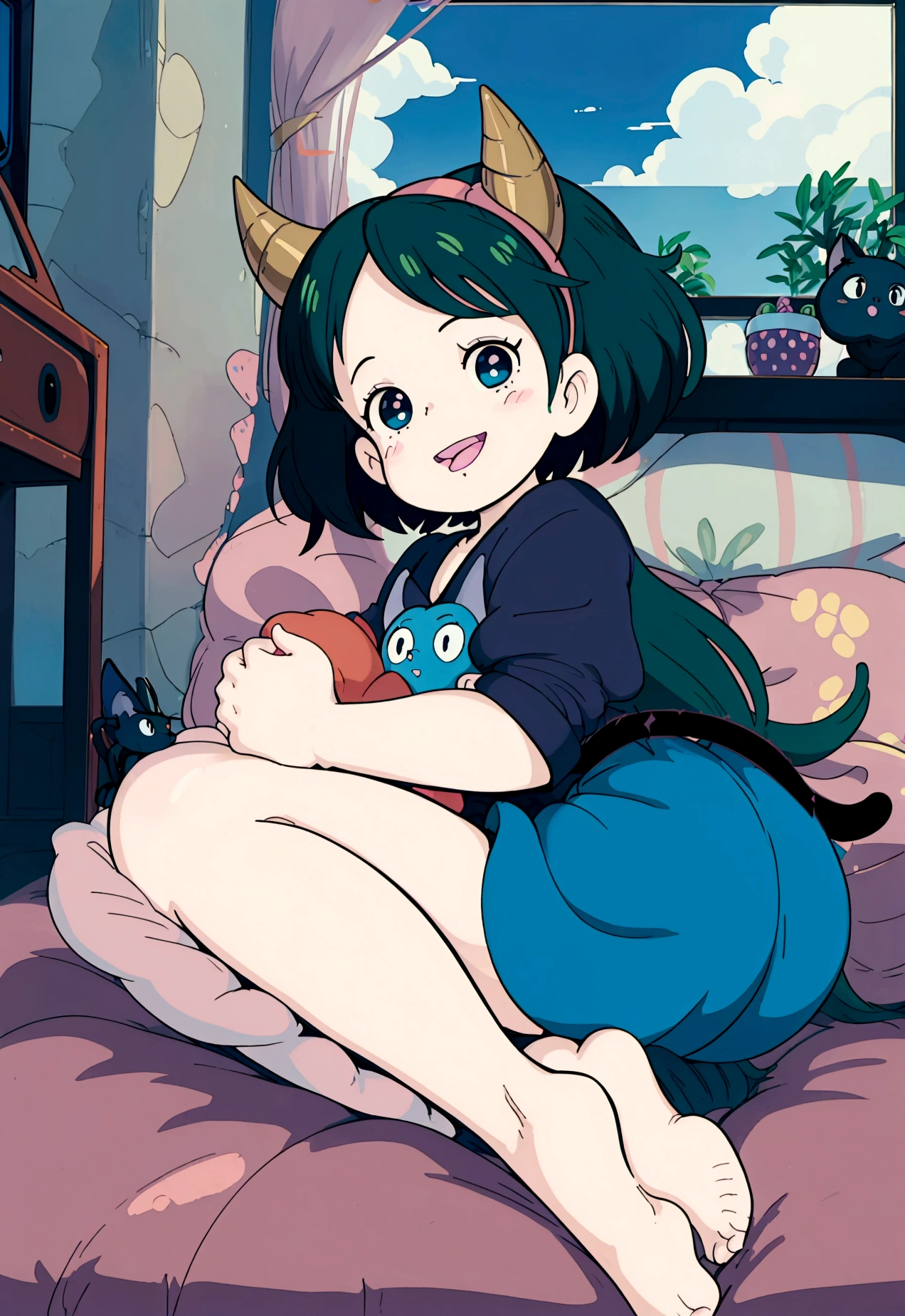 score_9, score_8_up, score_7_up, lum, retro artstyle, 1980s style, blue eyes, eyeshadow, green hair, long hair, horns, bangs, aqua hair, dynamic angle, big breasts, big ass, (little, small tiny body, chibi, small), (8 ), (1 toddler:1), (baby face),ace), (big forhead:1.2), (beautiful big eyes:1.3), extremely detailed cute anime face, (best quality, masterpiece, absurbres, super-resolution), soft pastel aesthetic, gaming console, chilling at home, playing video game, LCD screen, fun, laugh, smile, (eyelid pull), showing tongue, detailed faces, warm lighting, cozy interior, dynamic composition, vibrant colors, cinematic, depth of field, black cat sitting on her lap,