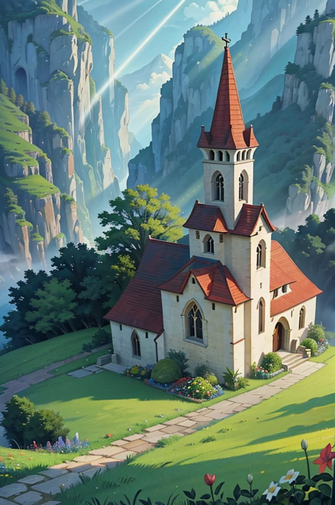 Medieval Catholic church on the mountain, View of the sea, surrounded by lush vegetation in a valley of flowers, rise sun, with rays of light, slightly misty day, Ultra -HD, 真实感, cinematic light, detailed back ground, swirly vibrant colors, conceptual artwork