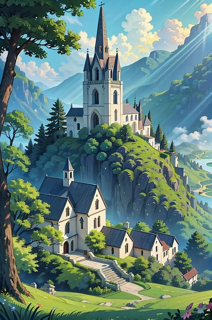 Medieval Catholic church on the mountain, View of the sea, surrounded by lush vegetation in a valley of flowers, rise sun, with rays of light, slightly misty day, Ultra -HD, 真实感, cinematic light, detailed back ground, swirly vibrant colors, conceptual artwork
