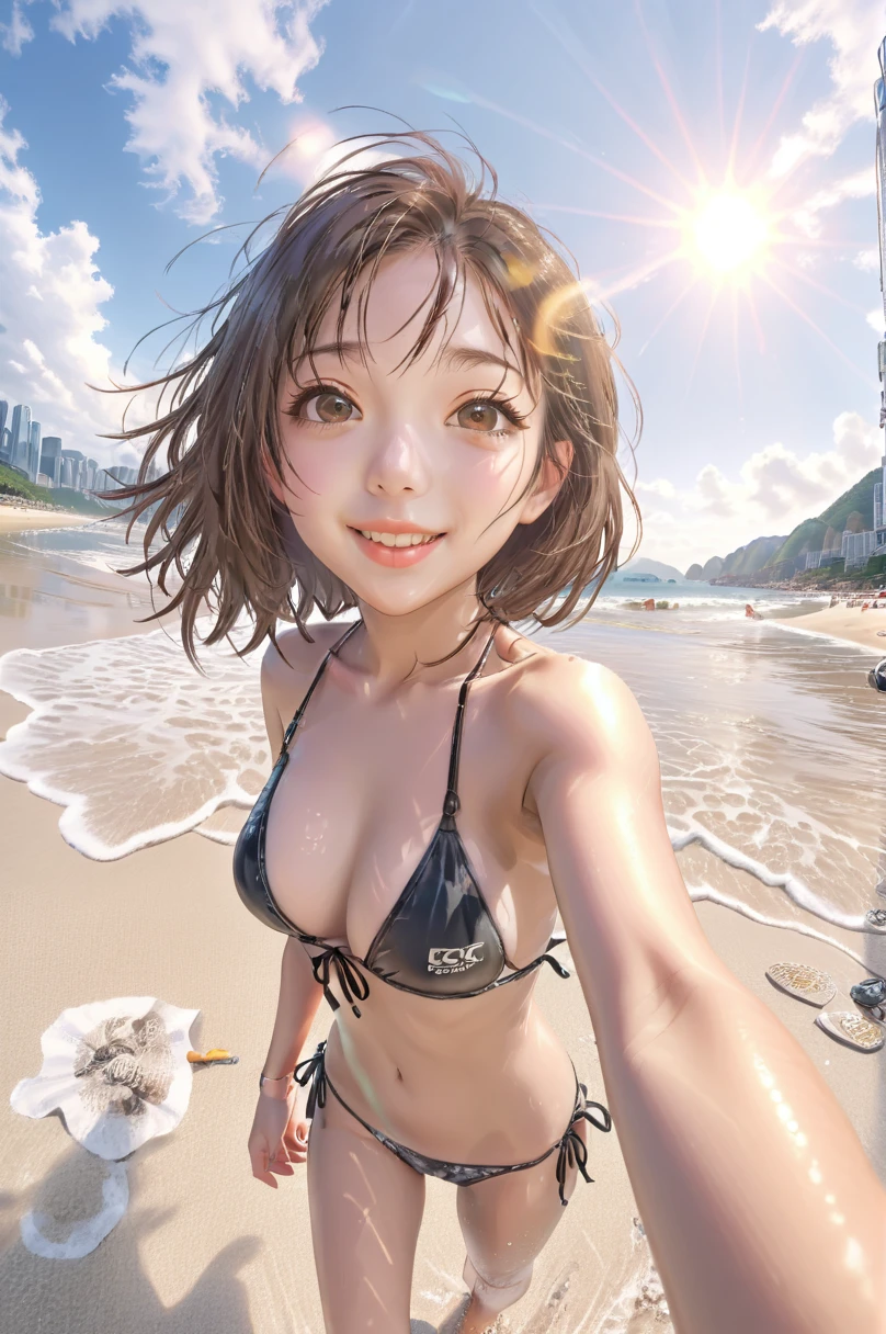 1girl, beautiful detailed eyes, beautiful detailed lips, extremely detailed eyes and face, long eyelashes, selfie, gopro camera, hong kong, cute girl, beach, sexy swimsuit, wet, smiling, sharp face, soft lighting, fisheye lens, sun flare, (best quality,4k,8k,highres,masterpiece:1.2),ultra-detailed,(realistic,photorealistic,photo-realistic:1.37),portrait,photography,warm colors,natural lighting