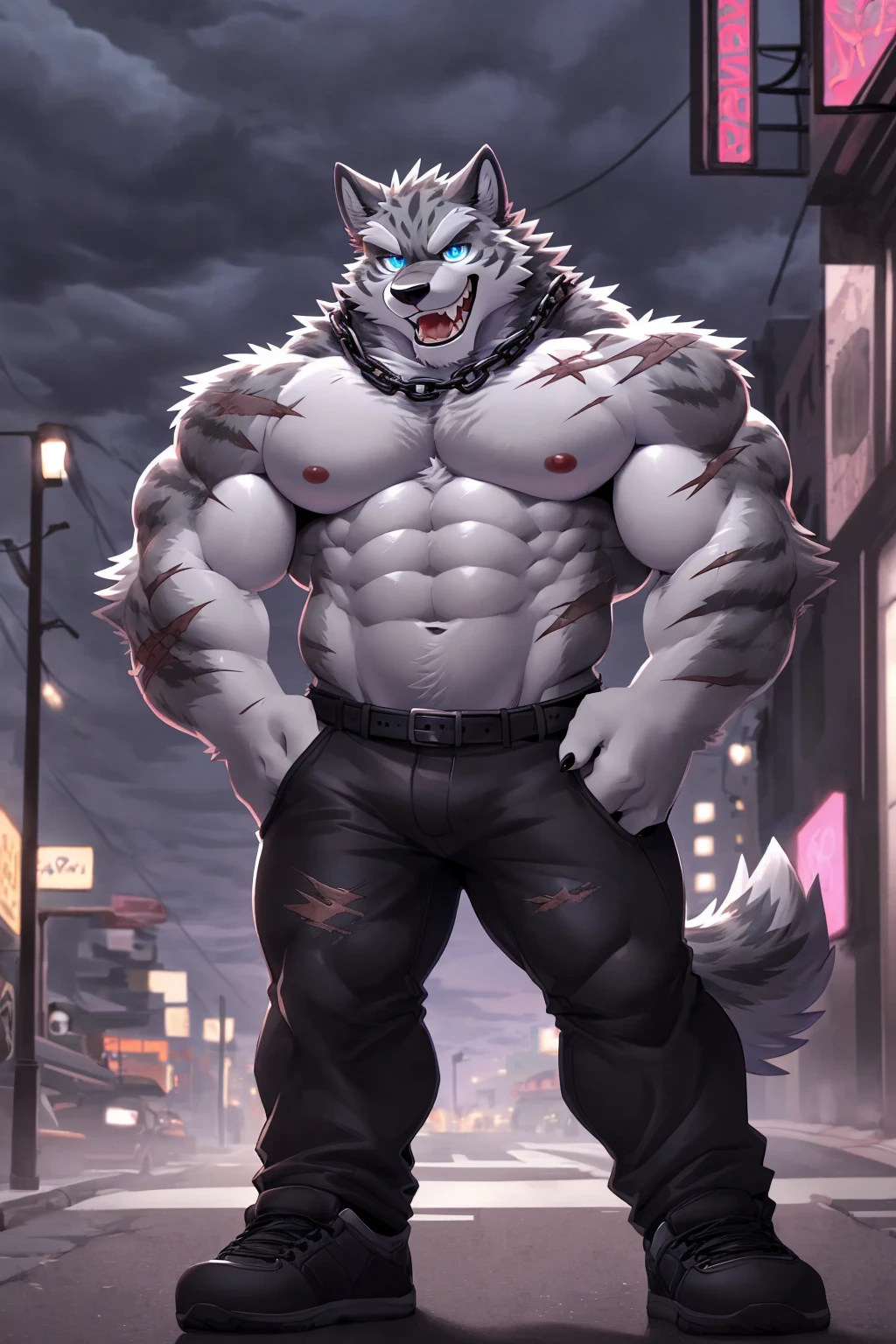 (sfw:1.5), male focus, Handsome 1boy, solitary,protrait photo, 红色的Tongue, (White thick eyebrows:1.3),single, (Black nails, Black claws:1.4), Gray hair, Gray skin, (Gray tail:1.4), White Teeth, Delicate teeth, Perfect Teeth, (Perfect blue eyes:1.4), (Gray body:1.3),
Gray Wolf, feet, grey wolf, wolf boy, wolf body, (evil eyes, big eyes, large eyes:1.4), Tongue, Wolf Tail, (Chubby, The body is huge, Larger face:1.3),
(Black chain around neck:1.4) , (Black leather belt:1.3), (Wearing black pants and black sneakers:1.4), (Lots of scars, lots of scars, Lots of scars:1.3),
(full body:1.3), (Middle-aged men,Mature men:1.4), (Strong body, muscle,Strong male, muscle男, Bare chest muscles:1.3), Red nipples, (Abdominal muscles:1.4), belly button, (bare arm, Thick arms:1.3), (Standing:1.3), win sway, Agitated, Squint, Charming, charming, (Looking at the audience, Focus, Eyes gaze:1.1), enjoy, (open mouth:1.4), (evil smile, evil grin, Smirk, evil smile, Evil smile:1.5), (One hand in pocket:1.4),
full background, street, confusion, Street Lights, (heavily clouded, cloudy day, remote and desolate, Dim environment:1.3),
Mysterious and romantic atmosphere, Caustic lines(refraction, polarization)Perfect anatomical structure, absurd, Detailed background, (Delicate eyes:1.3),Printing style。((artist:Takemoto Arashi))