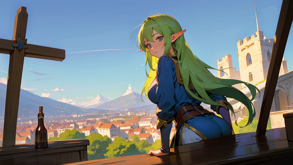 Anime Style,Nostalgic,Detailed background,The medieval world,A lively bar with lots of people,Beautiful sky,A beautiful bard elf girl looking back at me,Protruding buttocks,I can see the distant scenery