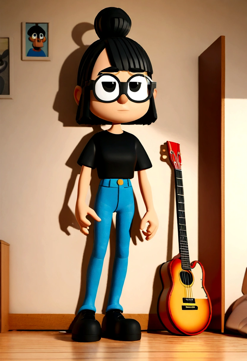 disney pixar style cartoon character, White girl, slim, with a serious and fixed look, long straight black hair, eyes black, retracted lips, big square glasses, black t-shirt with a skull design and ripped blue jeans, black boot. in a teenager&#39;s room , with a guitar hanging on the bedroom wall, painting on the wall of a dark forest. Serious woman, photo by full body, drawing in 3D Art style, C4D, Disney  style, pixar style render illustration Super Detail