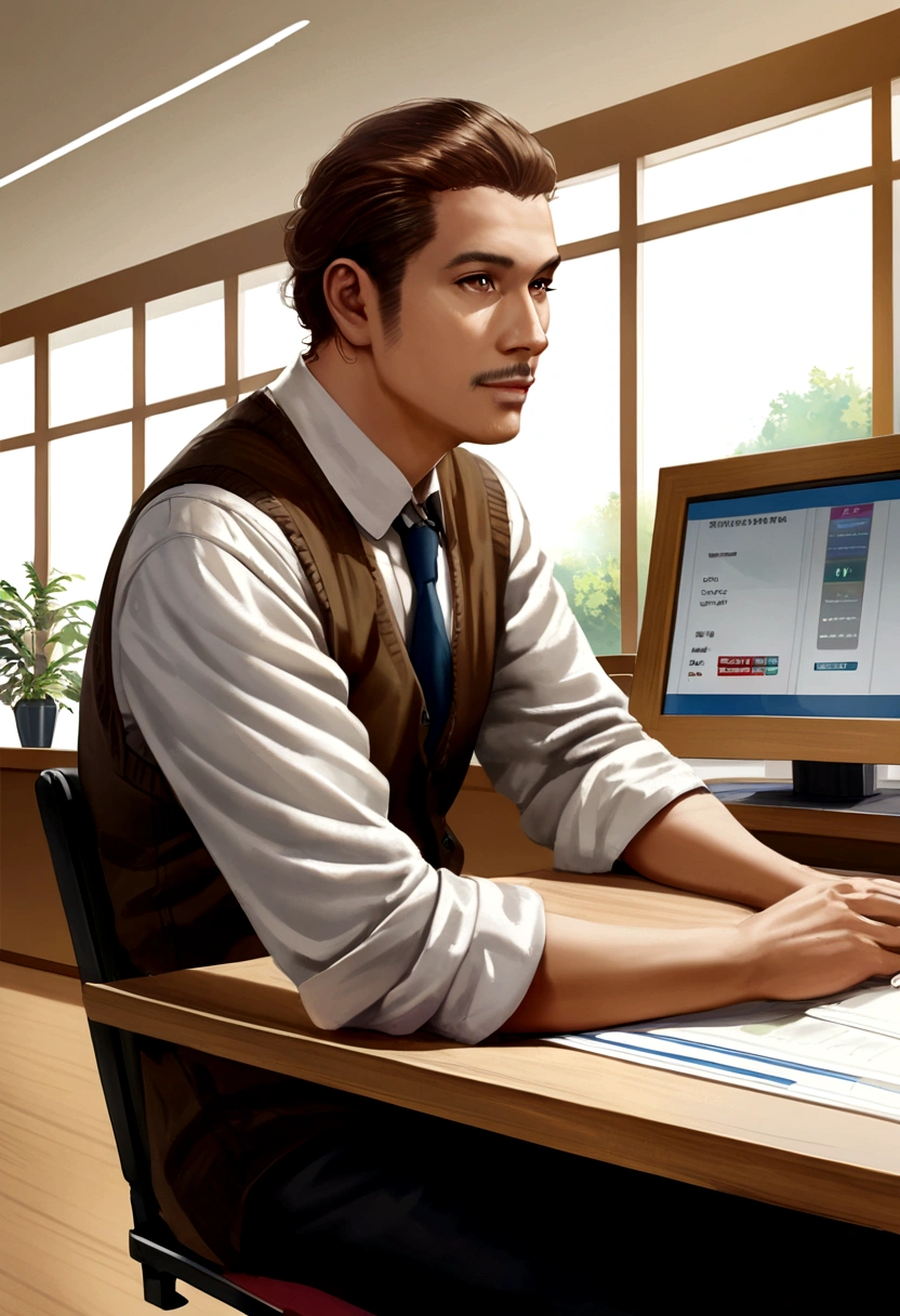 A man working at a bank, with brown hair, fair skin, friendly, realistic anime 