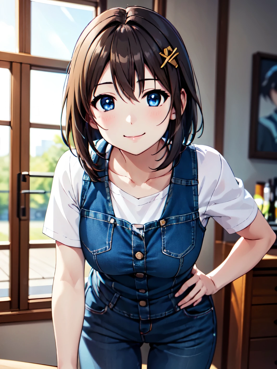 (Moe:1.10)、Very detailed,独奏,big eyes、Shooting from the front、hayate yagami、Standing、smile、In jeans、hair ornaments、smile、Closed Mouth、One Girl,Absolute reference to the center、4K,8K、shirt、、 Perfect lighting, Extremely detailed CG、High resolution、超High resolution、Physically Based Rendering(Genuine、Realistic、Realistic)、Cowboy Shot、(Anime illustration style:1.2)、Leaning forward