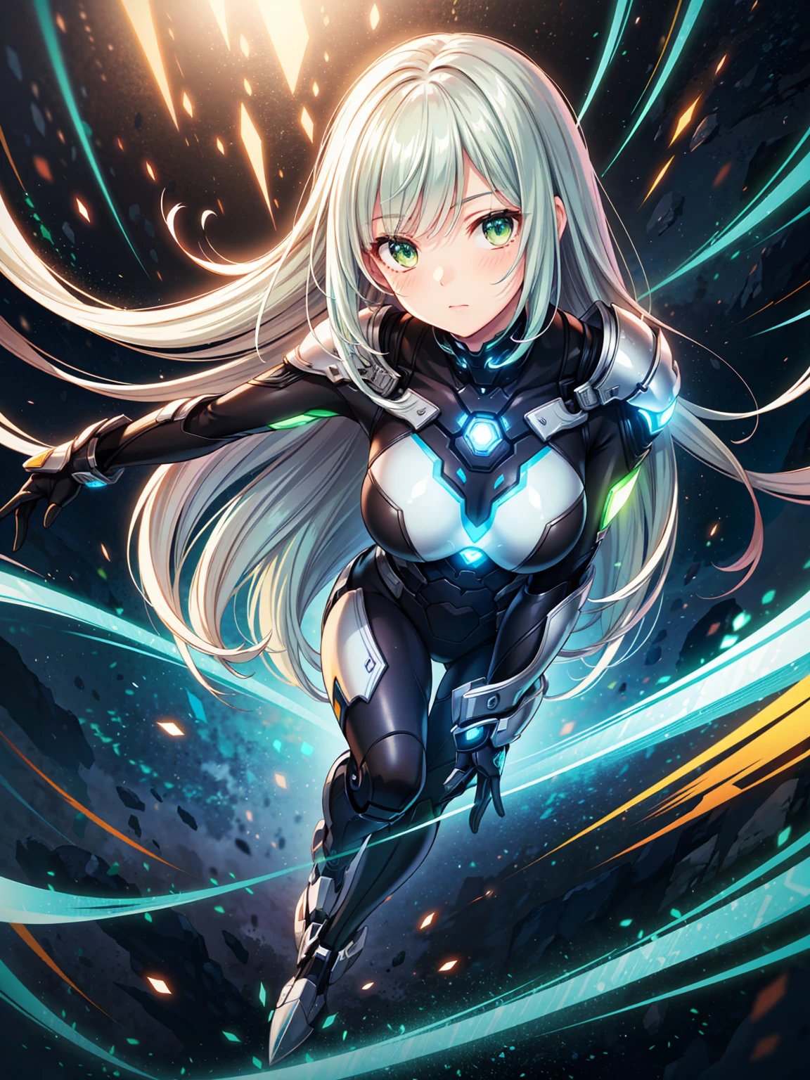 (best quality,realistic:1.37), solo female, full-body, long silver hair, light green eyes, emotionless expression, perfect face, bodysuit armor, amber glowing parts, sci-fi style, vibrant colors, futuristic lighting, detailed hair strands, metallic texture, sleek design, dynamic pose