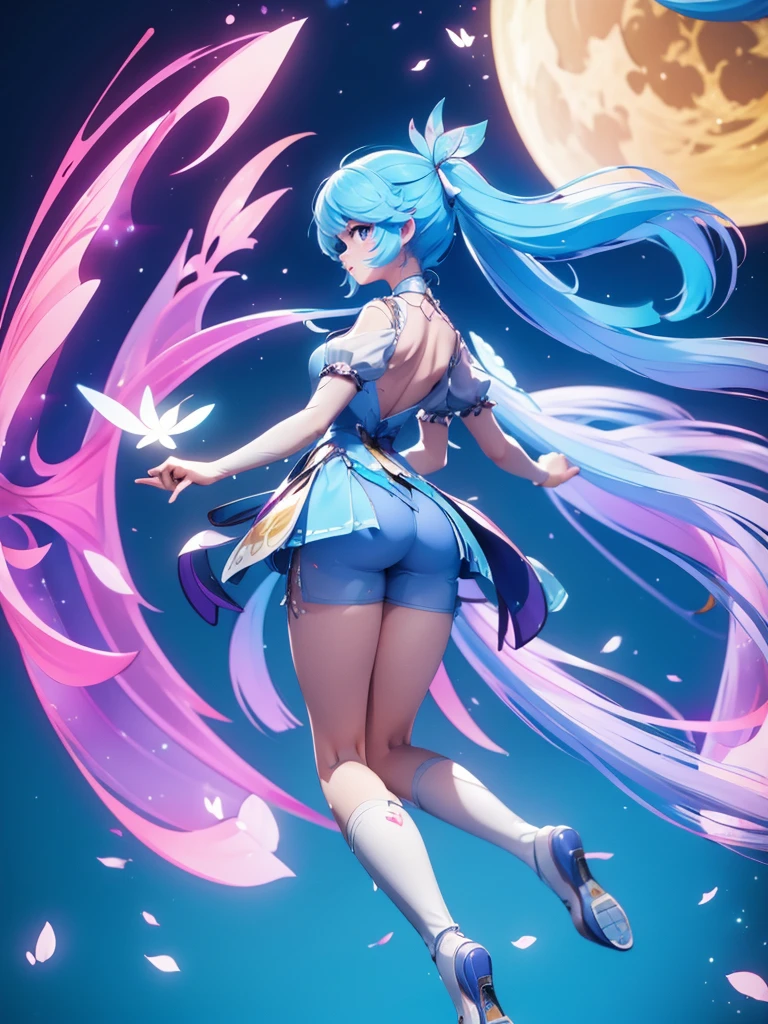 Seizo Watase style, Simple Line Initialism,Abstract art, 3d character, colorful hearts ,(((The most beautiful girl of all time))), (full body 1.2), only girl, long hair, bufferfly and sky background, 20 year old, full body, (((8k))), (((3d)), blue and pink hair, Large butterfly wings on the back, yellow moon, look from back