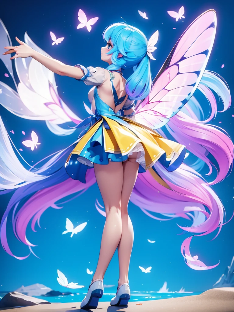 Seizo Watase style, Simple Line Initialism，Abstract art, 3d character, colorful hearts ,(((The most beautiful girl of all time))),  (full body 1.2), only girl, long hair, bufferfly and sky background, 20 year old, full body, (((8k))), (((3d)), blue and pink hair, Large butterfly wings on the back, yellow moon, look from back